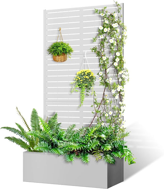 71"x35"x16" Metal Planter Box with Trellis Raised Garden Bed with Trellis, Planter Box & Privacy Screen for Climbing Plants, Vegetable, Vines(White, Louvered)