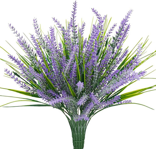 Uieke 6pcs Outdoor Artificial Lavender Plants, 14.5in UV Resistant 3PCS Fake Lavender Flowers with 3 PCS Faux Grass Greenery Stems for Home Kitchen Hanging Planter Garden Patio Décor Purple