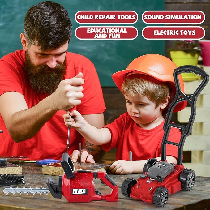 2 Pcs Toy Gardening Tool Set for Kids Toy Hedge Trimmer, Push Lawn Mower Battery Powered Gardening Tool Set with Lights and Sounds Gift for Boys Girls