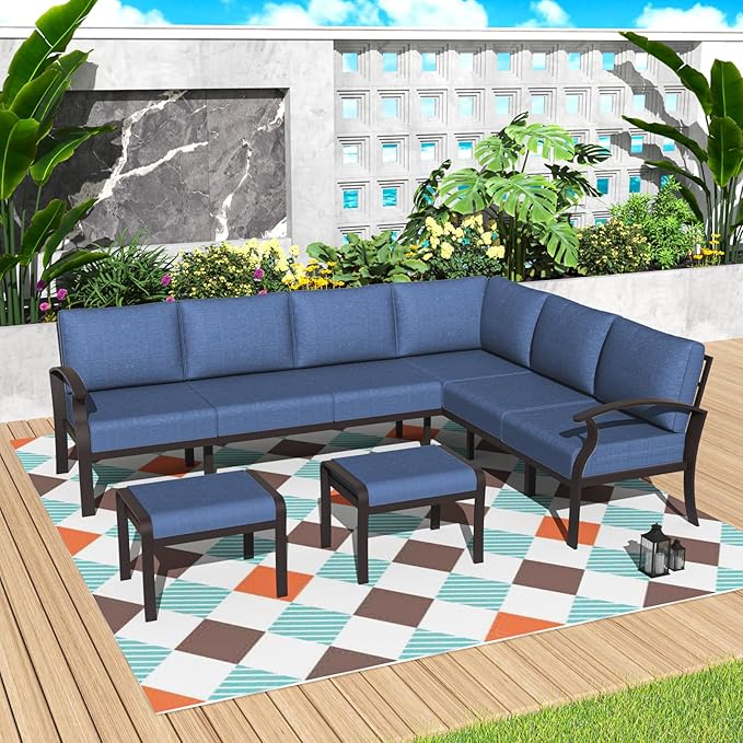 Kurapika Patio Furniture Set 8-Piece Aluminum Sectional Sofa with Armrest, Modern Outdoor Conversation Set, Metal Corner Sofa with Ottoman, Navy Blue
