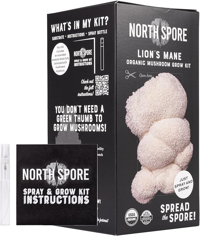 (2-Pack) North Spore Organic Lion's Mane Mushroom Spray & Grow Kits (4 lbs each) | USDA-Certified Organic, Non-GMO, Beginner-Friendly & Easy to Use | Handmade in Maine, USA