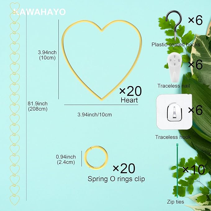 20 Pcs Chain Trellis for Climbing Plants Indoor Outdoor, Plant Trellis, Garden Plant Wall Trellis, Vine Support Houseplant Accessories for Monstera, Pothos, Ivy, Climbing Plants (Gold Heart)