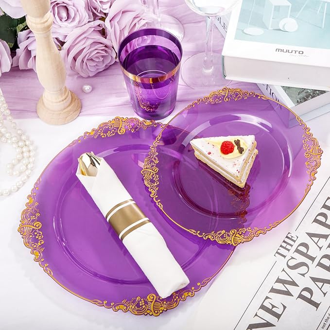 Hioasis 210pcs Purple and Gold Plastic Plates - Elegant Disposable Dinnerware Set Suitable for 30 Guests Include 10.25 Dinner & 7.5 Dessert Plates, Pre Rolled Silverware Set, Cups for Party & Wedding