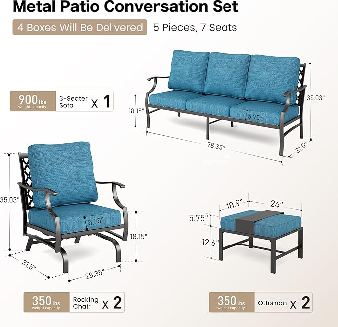 7 Piece Metal Outdoor Patio Furniture Sets, Patio Conversation Sets 3-Seater Sofa, 2 Rocking Chair, 2 Ottomans with 5.75" Thick Cushion, All-Weather Frame Backyard Furniture, Blue-2