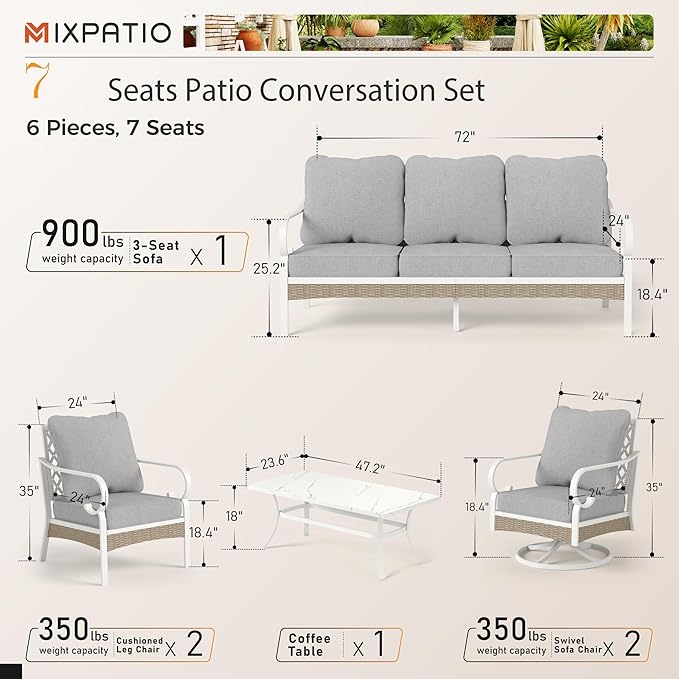 6 Piece Patio Furniture Set, 2 x Fixed Chair, 2 x Swivel Chair, 1 x 3-Seat Sofa with Marbling Coffee Table, 7 Seats Outdoor Conversation Set for Lawn Garden Backyard, Light Gray