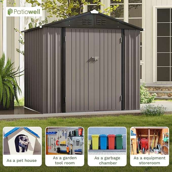 Patiowell 8x6 FT Outdoor Storage Shed, Metal Tool shed & Outdoor Storage with Lockable Doors & Air Vents, for Backyard Garden Patio, Brown