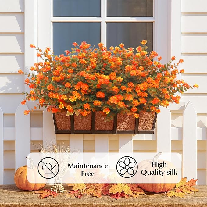 Artificial Mums for Outdoors, 12 Bundles Faux Mums for Outdoor Fall Planters,Uv Resistant Eucalyptus Artificial Fake Flowers Plants, Realistic Fall Decor for Porch, Patio, Yard (Fall Orange)