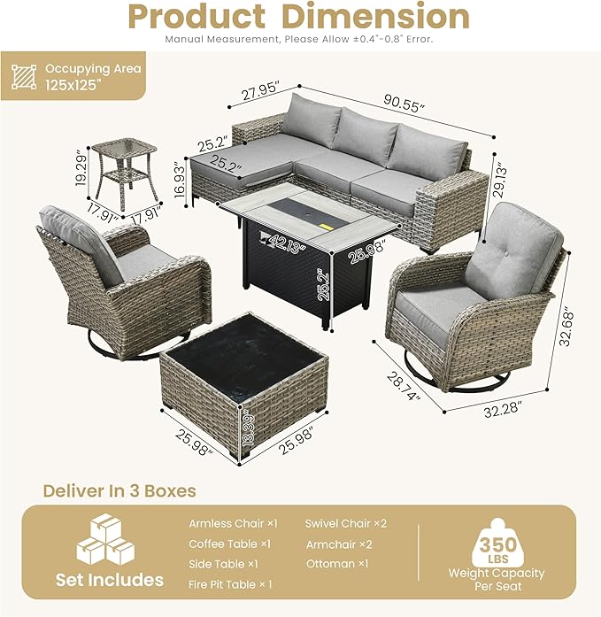 HOOOWOOO Outdoor Sectional Furniture Set with Fire Pit Table,9 Pieces Wicker Patio Conversation Sets,L Shape All Weather Outside Couch Sofa Set with Swivel Rockers Ottoman,Charcoal Grey