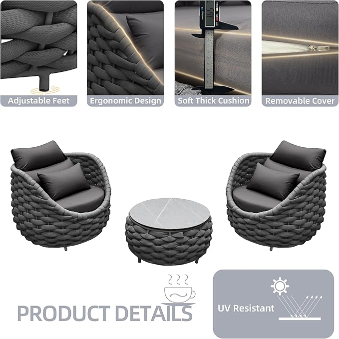 TWT Aluminum Outdoor Patio Furniture Set, 4 Pcs Textilene Armchairs Modern Outdoor Conversation Set Outdoor Single Sofa with Upgrade Cushion and Coffee Table for Balcony, Dark Grey