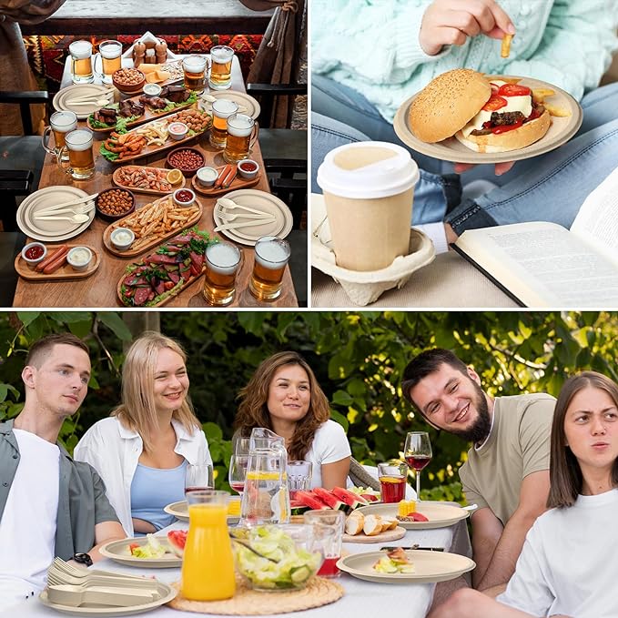 Compostable Paper Plates Set, 250PCS Disposable Heavy-Duty Sugarcane Plate and Eco-Friendly Utensil Biodegradable Dinnerware Plates, Extra Long Forks & Knives & Spoons for Party