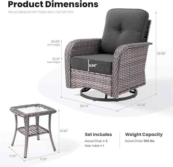 ovios 3 Pieces Patio Furniture Set, Outdoor Rocking Chairs of 2, Wicker Swivel Glider Chairs with Side Table Thick Cushions, All Weather Rattan Bistro Set for Porch, Black
