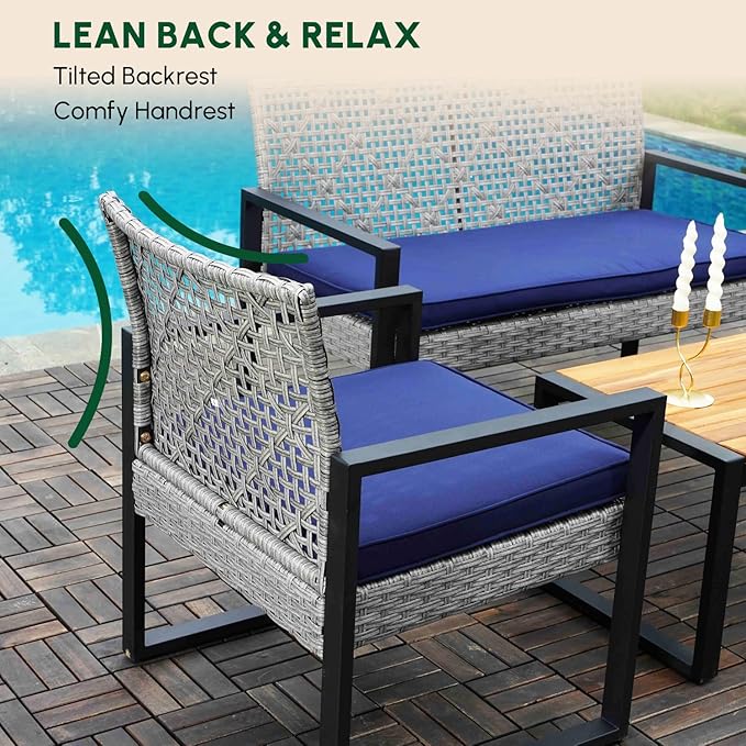 BEEFURNI Wicker Patio Furniture Outdoor Conversation Set of 4, Acacia Wood Table, 2 Rattan Chairs, 1 Loveseat, 2” Cushions, All-Weather, Easy Assembly, 1-Year Manufacturer Warranty (Gray)