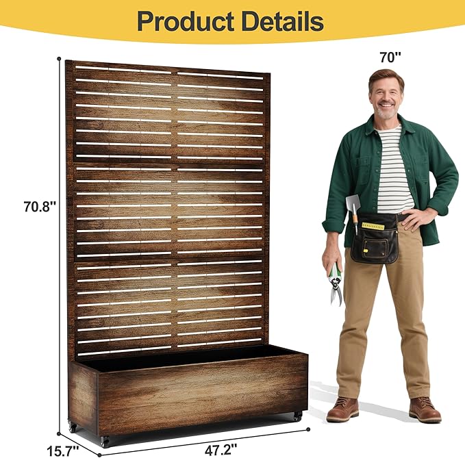 Raised Garden Bed with Trellis and Wheels,73"x47"x16" Metal Raised Garden Bed,Vintage Wood Finish Metal Planter with Climbing Trellis for Vines & Vegetables