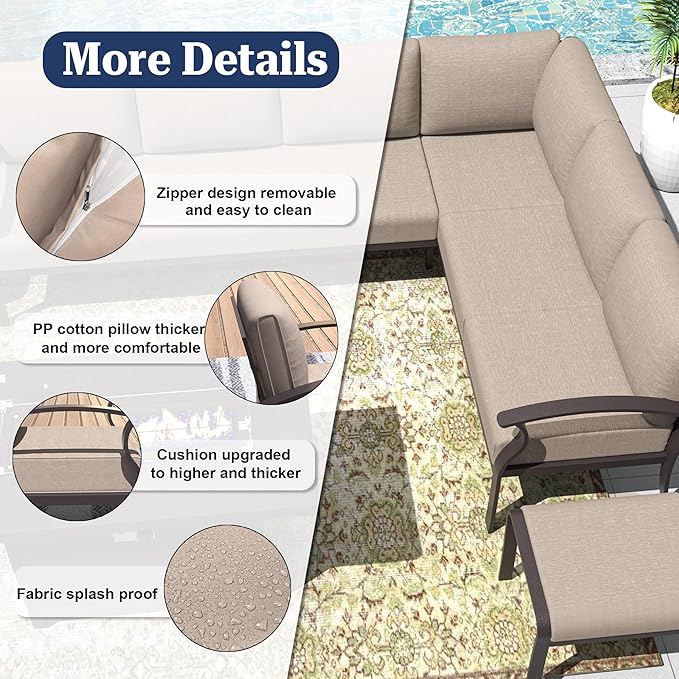 Kurapika Patio Furniture Set 10-Piece Aluminum Sectional Sofa with Armrest, Modern Outdoor Conversation Set, Metal Corner Sofa with Ottoman, Sand