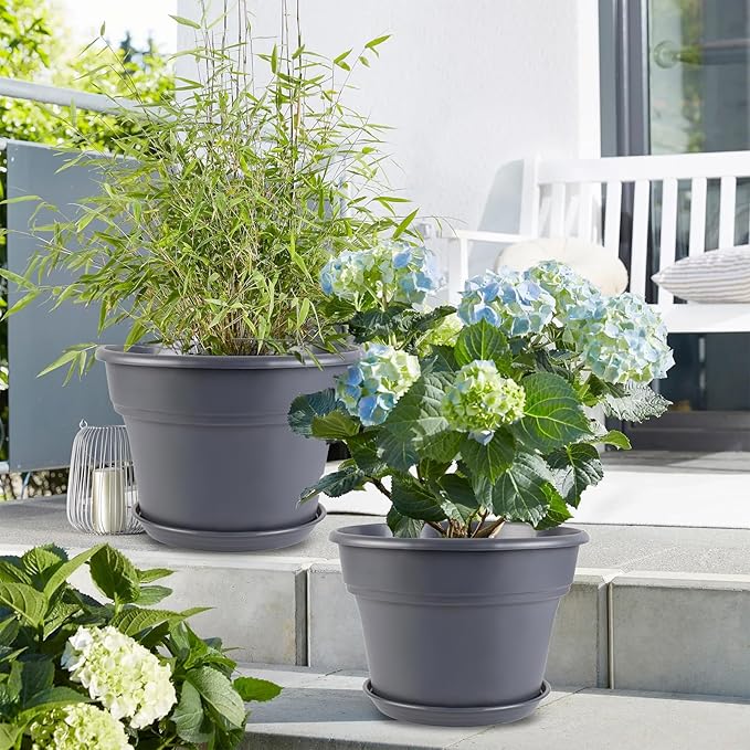 13-inch-Plant-Pots, 4 Pack Large Planters for Outdoor Plants, Plastic Flower Pots Indoor with Drainage Holes & Trays, Classic Garden Pot Container for House