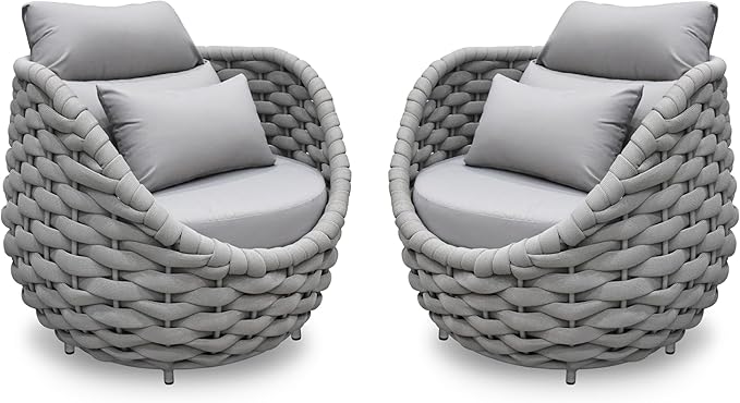 2 PCS Patio Deck Accent Chair: Large Woven Rope Chair Cushioned - Aluminum Modern Single Lounge Armchair Assembled - All Weather Outdoor Seating for 400lbs Lanai Balcony Porch Garden Hotel, Gray