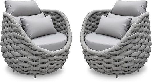 2 PCS Patio Deck Accent Chair: Large Woven Rope Chair Cushioned - Aluminum Modern Single Lounge Armchair Assembled - All Weather Outdoor Seating for 400lbs Lanai Balcony Porch Garden Hotel, Gray