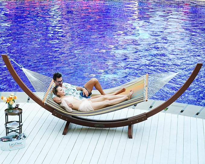 Lazy Daze Hammocks Quick Dry Hammock with Spreader Bar 2 Person Double Hammock with Chains Outdoor Outside Patio Poolside Backyard Beach 450 lbs Capacity, Coffee Stripes