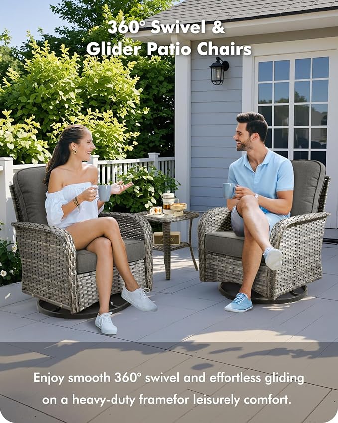 5 Pieces Patio Furniture Set,Outdoor Furniture with Rockers, Rattan Conversation Sets w/Coffee Table, Grey Wicker Black Cushion