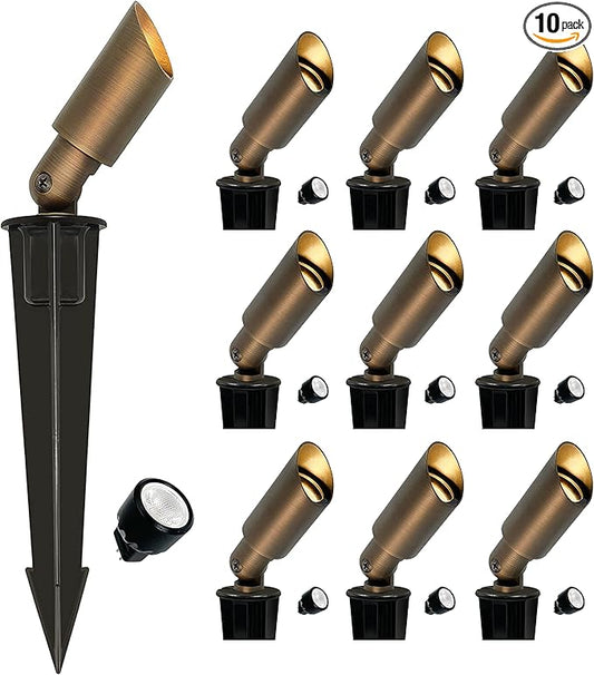 GKOLED Mini Size Brass Landscape Spotlight, Low Voltage 12V AC/DC Outdoor Directional Up Light, 180 LM, 3W MR8 LED Bulb ABS Ground Stake, 2700K Garden Patio Trees Spot Uplight (Pack of 10)