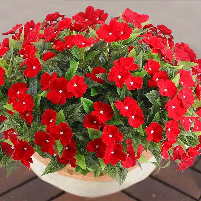8 Bundles Artificial Impatiens Flowers for Outdoor Silk Impatiens Flowers Faux Flowers for Pot Patio Lawn Garden Hanging Basket Porch Home Decor (8, Red)