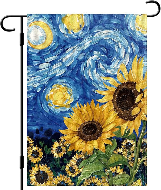 DLZDN Sunflower Garden Flag Starry Night Sunflower Garden Flags 12×18 Inch Double Sided Vertical Burlap Farmhouse Yard Flag Spring Summer Seasonal Outdoor Decor