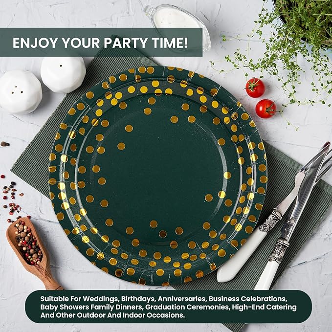 75PCS Paper Plates and Napkins Set - Green and Gold Dot Disposable Party Dinnerware Includes Paper Plates, Napkins, Forks Decorations for Father's Day Graduations Birthdays and Weddings, Serves 25