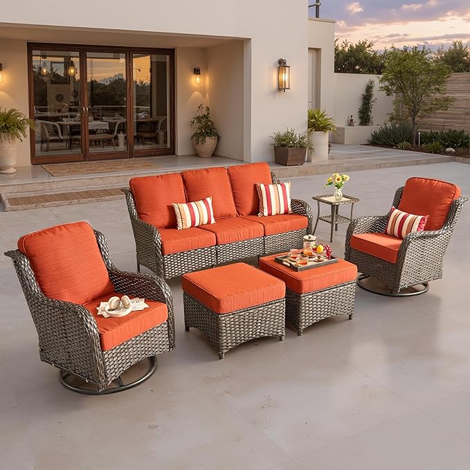 ovios 6 Pieces Patio Furniture Set, Outdoor Wicker Sofa Couch with Swivel Chairs Ottomans Comfy Cushions, All Weather High Back Modern Conversation Sets, Brown Rattan, Orange Red