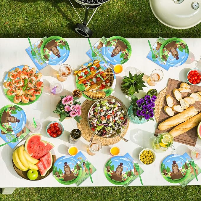 96Pcs Happy Groundhog Day Birthday Party Supplies 350 GSM Groundhog Plates and Napkins Tableware Sets Spring February 2nd Party Decorations for Groundhog Day Themed Baby Shower Party Favor,Servers 24