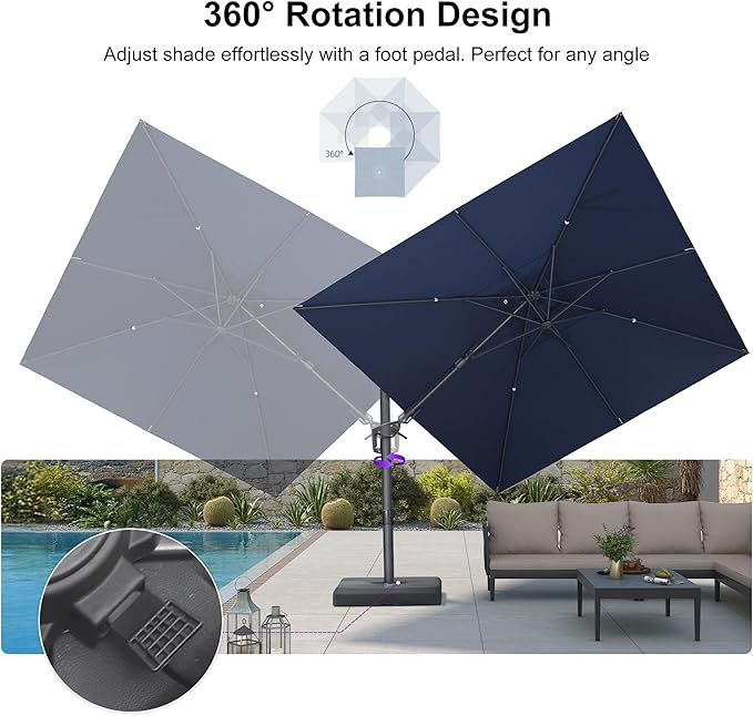 PURPLE LEAF 9' X 12' Swivel Outdoor Patio Aluminum Umbrella with Base Left-right Tilting Cantilever Offset Umbrella with UV Resistant Heavy Duty Fabric for Deck Pool Patio Backyard, Ocean Slate