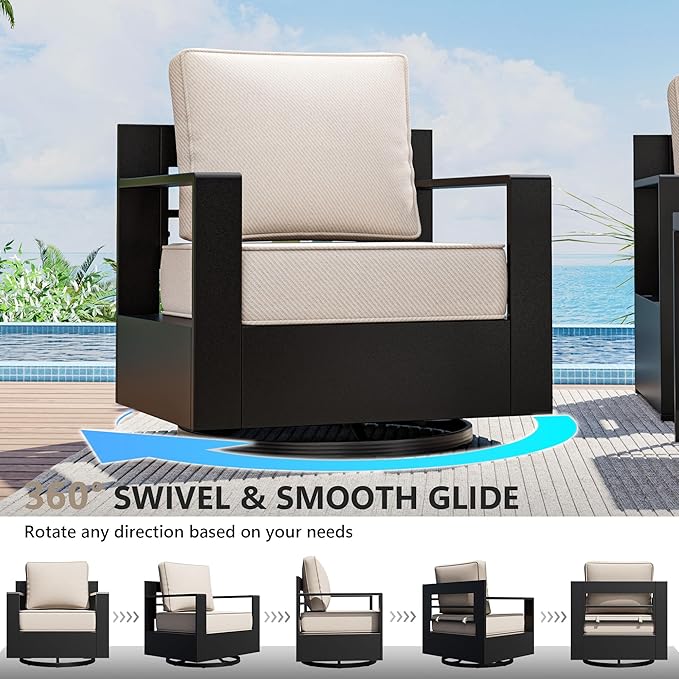 Aluminum Outdoor Swivel Rocker Patio Chairs Set of 2, All-Weather Metal Outdoor Chair with 6 Inch Thick Cushions, Deep Setting for Garden, Outside and Porch
