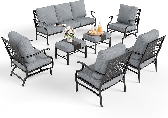 Patio Furniture Set 7 pcs, Outdoor Patio Furniture, 3-Seat Sofa, 2 Single Chairs, 2 Rocking Chairs, 2 Ottomans and 5.75" Extra Thick Cushion, Patio Conversation Set for Backyard Deck,Grey