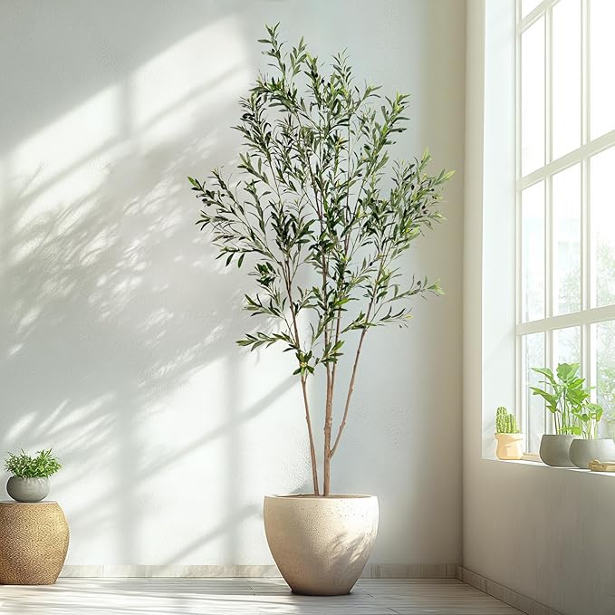 8FT Artificial Olive Tree Tall Faux Silk Plant Tall Faux Olive Tree with Natural Wood Trunk & Lifelike Fruits Fake Potted Tree or Home Office Decor