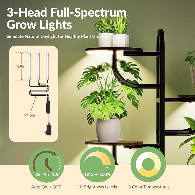 Arch Plant Stand Indoor | Large 8-Tiered Tall Plant Stand with Full Spectrum Grow Light | Corner Black Freestanding Display Shelf for Collectibles | Suitable for Living Room, Study, Entrance, Balcony