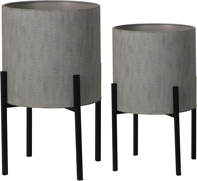 ARNIS Modern Plant Pots, Set of 2 Large Planters with Stand, Decorative Planters, Metal Pots with Drainage Holes for Living Room, Office, Garden or Balcony, 10.5 &12.55 Inch, Dark Cement Matte