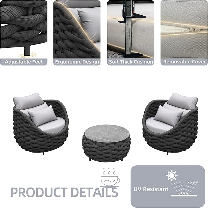 3 Pieces Aluminum Patio Furniture Set Modern Patio Set with Coffee Table, No Assembly Required Outdoor Conversation Set with Dark Grey Cushions for Balcony, Porch, Lawn