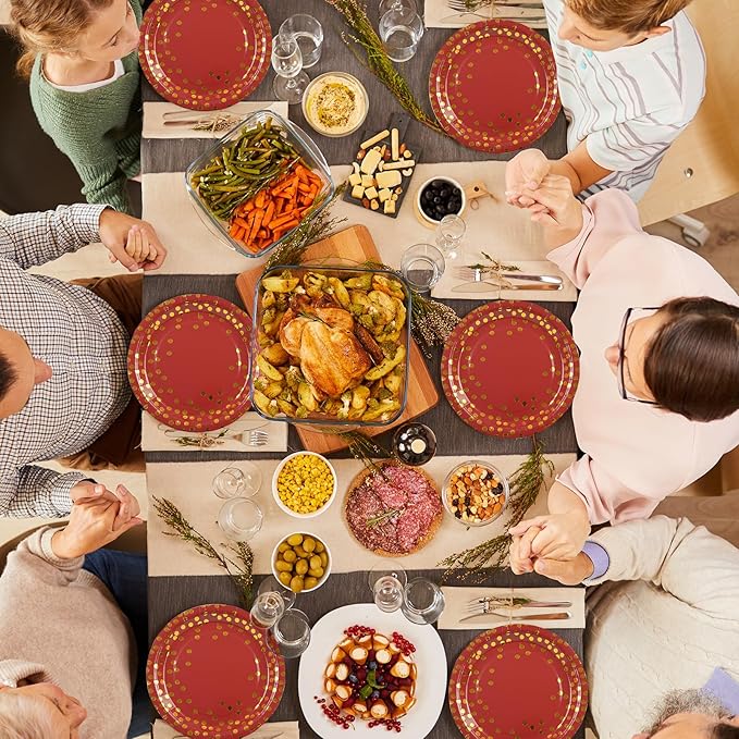 75PCS Paper Plates and Napkins Set - Red and Gold Dot Disposable Party Dinnerware Includes Paper Plates, Napkins, Forks Decorations for Graduations, Birthdays and Weddings, Serves 25