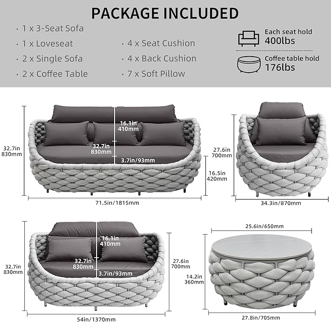 TWT Outdoor Patio Furniture Set 6 Pieces Aluminum Sectional Sofa, Metal Patio Conversation Set with Threeseat, Loveseat & Armchair, Cushion and Coffee Tables