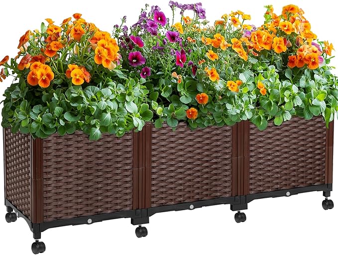Raised Garden Beds Outdoor With Wheels, Large Garden Planter Box With Drain Outlet and Lockable Wheels, Self Watering Rectangular Planters for Outdoor Plants Flowers Vegetables, 47.2"X15.7"X16.1"