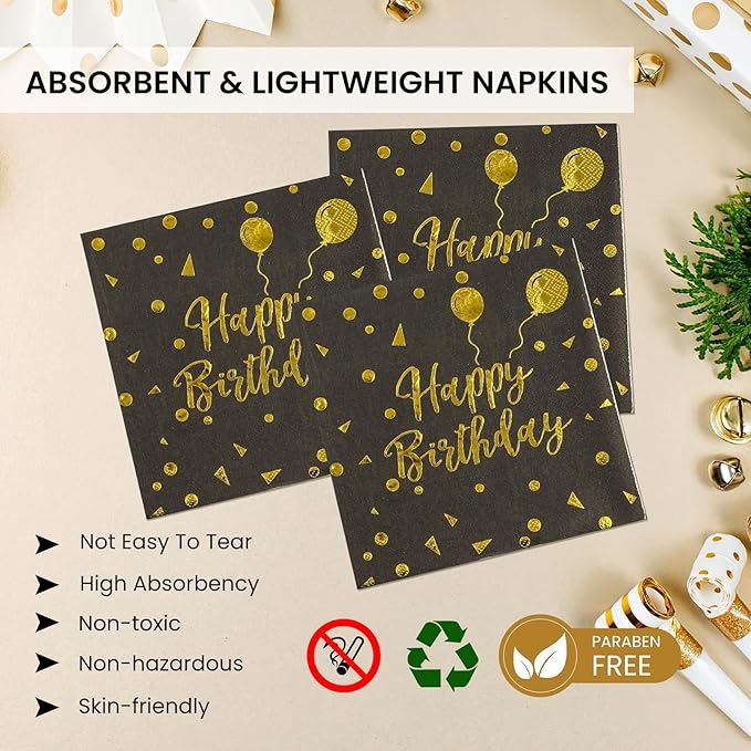 75PCS Happy Birthday Paper Plates - 7 Inch Black Gold Dot Paper Plates and 6.5 Inch Napkins with 6.3 Inch Gold Forks Disposable Tableware Set for Birthday Party Decorations, Serves 25