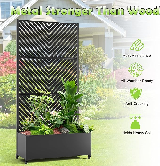 15.7"×70.9"×35.4" Metal Raised Garden Bed with Trellis and Wheels - Tall Trellis Planter Box for Climbing Plants, Vegetables & Vines - Outdoor Privacy Planters for Patio (Black-Parallel)