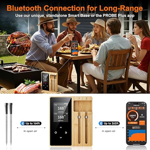 Wireless Meat Thermometer Digital with 2 Probes, Long Range Bluetooth Food Thermometer with Smart APP Alerts for Cooking, Grill, AirFryer, Perfect for BBQ Chicken Turkey
