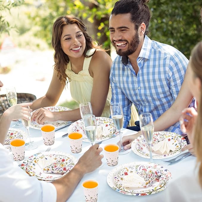 250 Pcs Wildflower Party Decorations Include Spring Summer Floral Paper Plates Napkins and Cups for Wildflower Baby Shower Tea Decorations, Serve 50 Guest (Colorful,Floral Style)