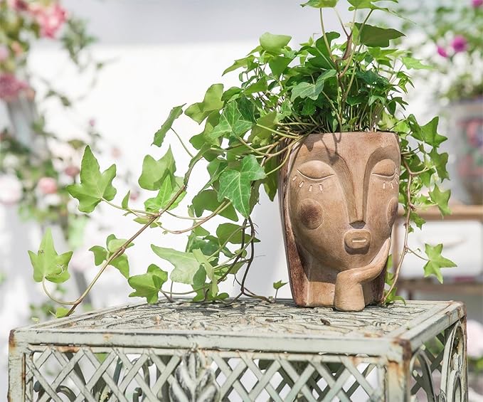 Head Planters for Indoor Plants, Face Flower Pot Head Planter Succulent Planters Unique Face Planter with Drainage Hole - Rustic Thinking Girl Closed Eyes