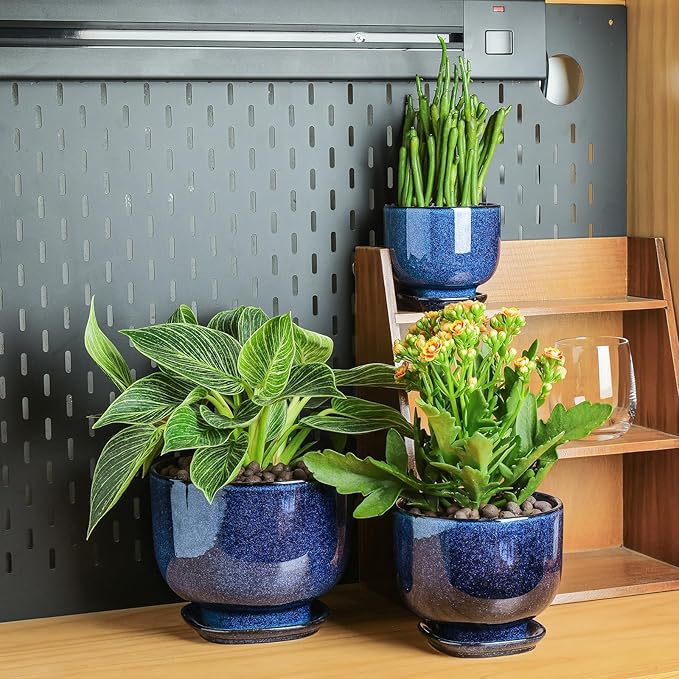 vicrays Ceramic Plant Pots Indoor - 6.8/5.5/4.3 Inch Planter Pot with Drainage Hole and Saucer for Succulent Orchid Flower Herbs Cactus - Gardening Home Desktop Office Decor – Set of 3 Blue