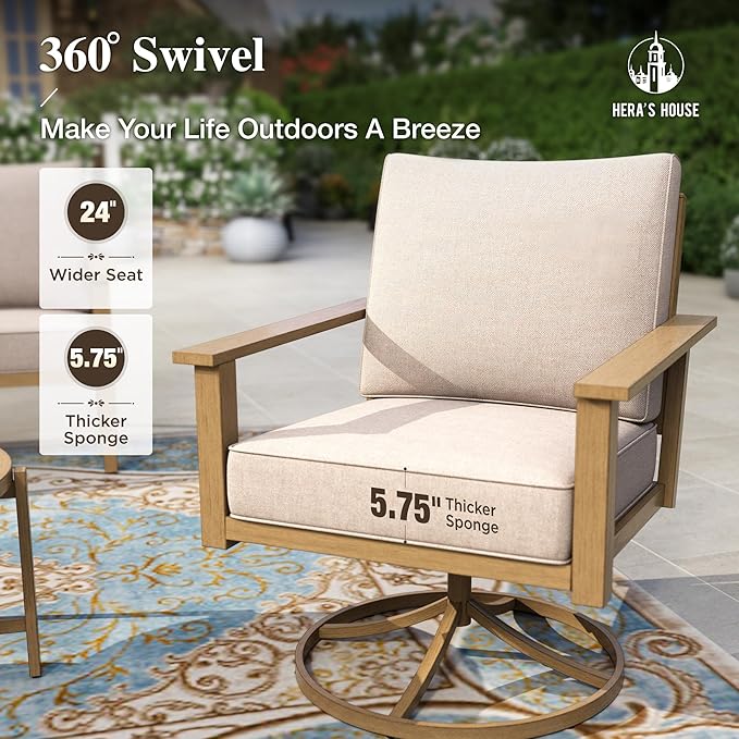 HERA'S HOUSE Patio Furniture Set 7-Piece, Metal Outdoor Conversation Set with Wood Grain Finish, 2 x Leg Chair, 2 x Swivel Chair, 1 x 3-Seat Sofa, 2 x Multi-Functional Coffee Table Garden Deck Lawn