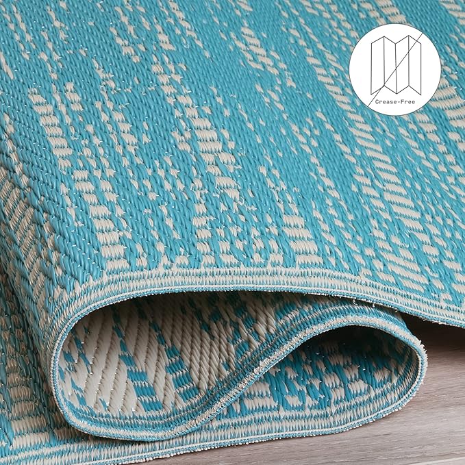 Fab Habitat Outdoor Rug - Waterproof, Fade Resistant, Crease-Free - Premium Recycled Plastic - Distressed Abstract Stripes - Patio, Deck, Porch, Balcony, Laundry Room - Brooklyn - Teal - 4 x 6 ft