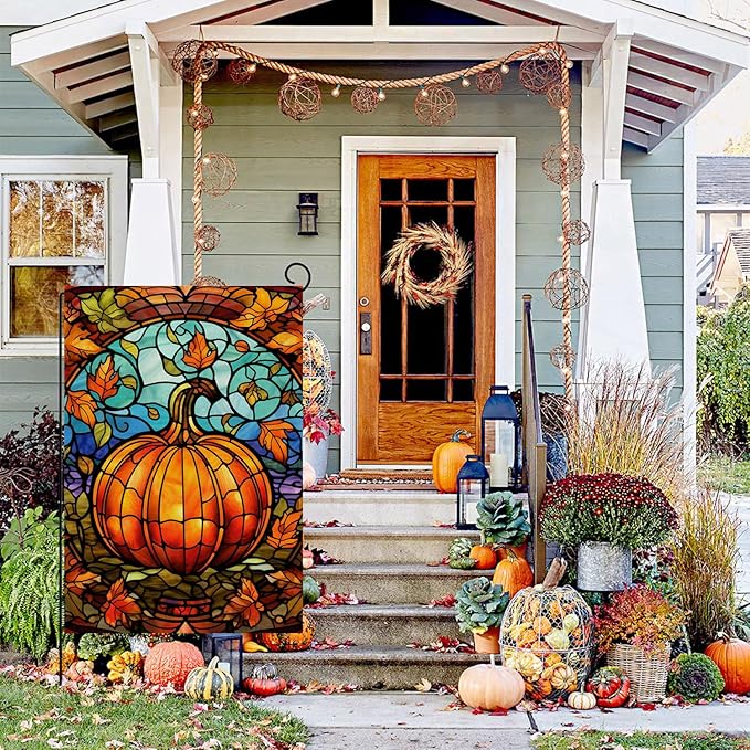Fall Stain Glass Style Garden Flag 12 x 18 Inch Vertical Double Sided Fall Pumpkin Maple Leaves Small Yard Flag, Thanksgiving Autumn Harvest Holiday Outdoor Decoration