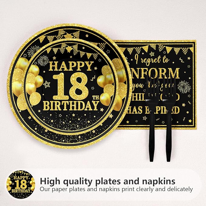 Grencian 96Pcs Happy 18th Birthday Decorations Black and Gold Birthday Plates and Napkins Gold and Black 18th Birthday Tableware Sets for Boys Girls 18 Year Old Birthday Party Supplies Serve 24
