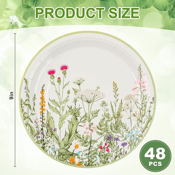 Wildflower Party Plates 9" Floral Paper Plates Botanical Green Leaves Herbs Disposable Party Supplies Spring Summer Vintage Garden Decorative Dinner Plates (48, Vintage Botanical)
